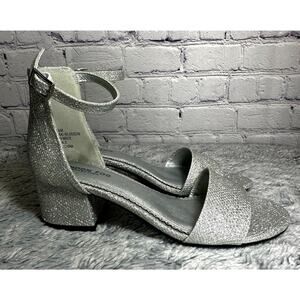 London Fog Nikki Silver Glitter Ankle Strap Block Heels 6.5M Bling Pumps Wedding